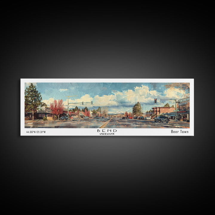 Bend Oregon Panoramic Painting, Watercolor Framed Canvas Print, Scenic City Art, Travel Poster, Home Decor, Wall Hanging, Living Room Art
