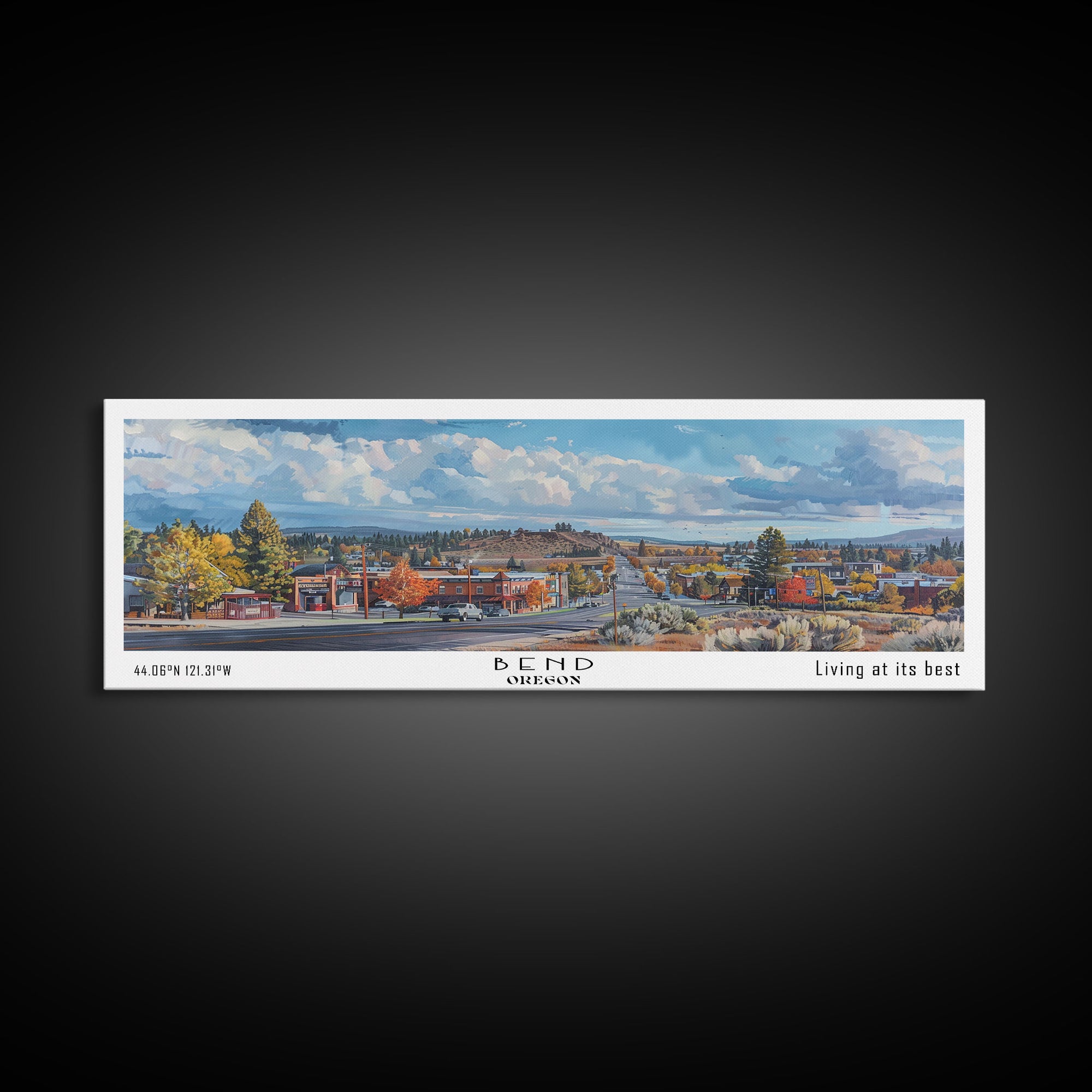 Bend Oregon Panoramic Watercolor Painting, Framed Canvas Print, Scenic City Art, Travel Poster, Wall Decor, Living Room Art, Gift Idea