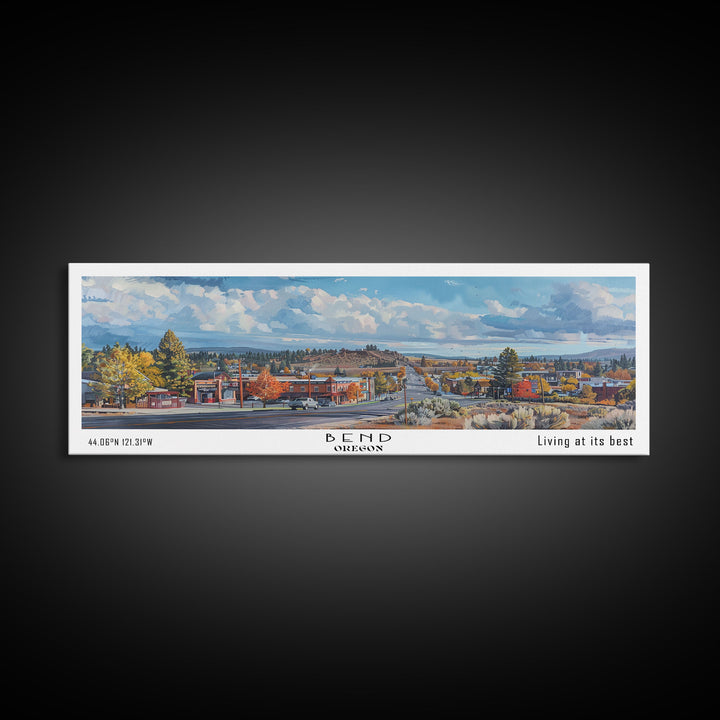 Bend Oregon Panoramic Watercolor Painting, Framed Canvas Print, Scenic City Art, Travel Poster, Wall Decor, Living Room Art, Gift Idea