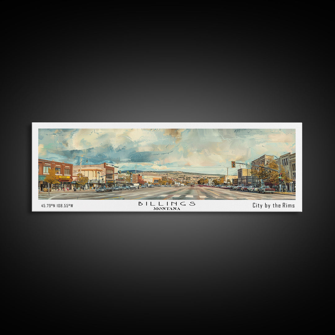 Billings Montana Panoramic Painting, Watercolor Framed Canvas Print, Scenic City Art, Travel Poster, Home Decor, Wall Hanging, Living Room Art