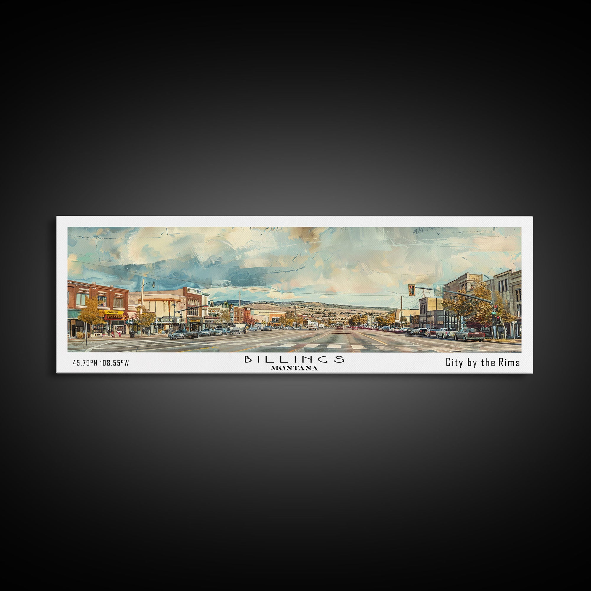 Billings Montana Panoramic Painting, Watercolor Framed Canvas Print, Scenic City Art, Travel Poster, Home Decor, Wall Hanging, Living Room Art