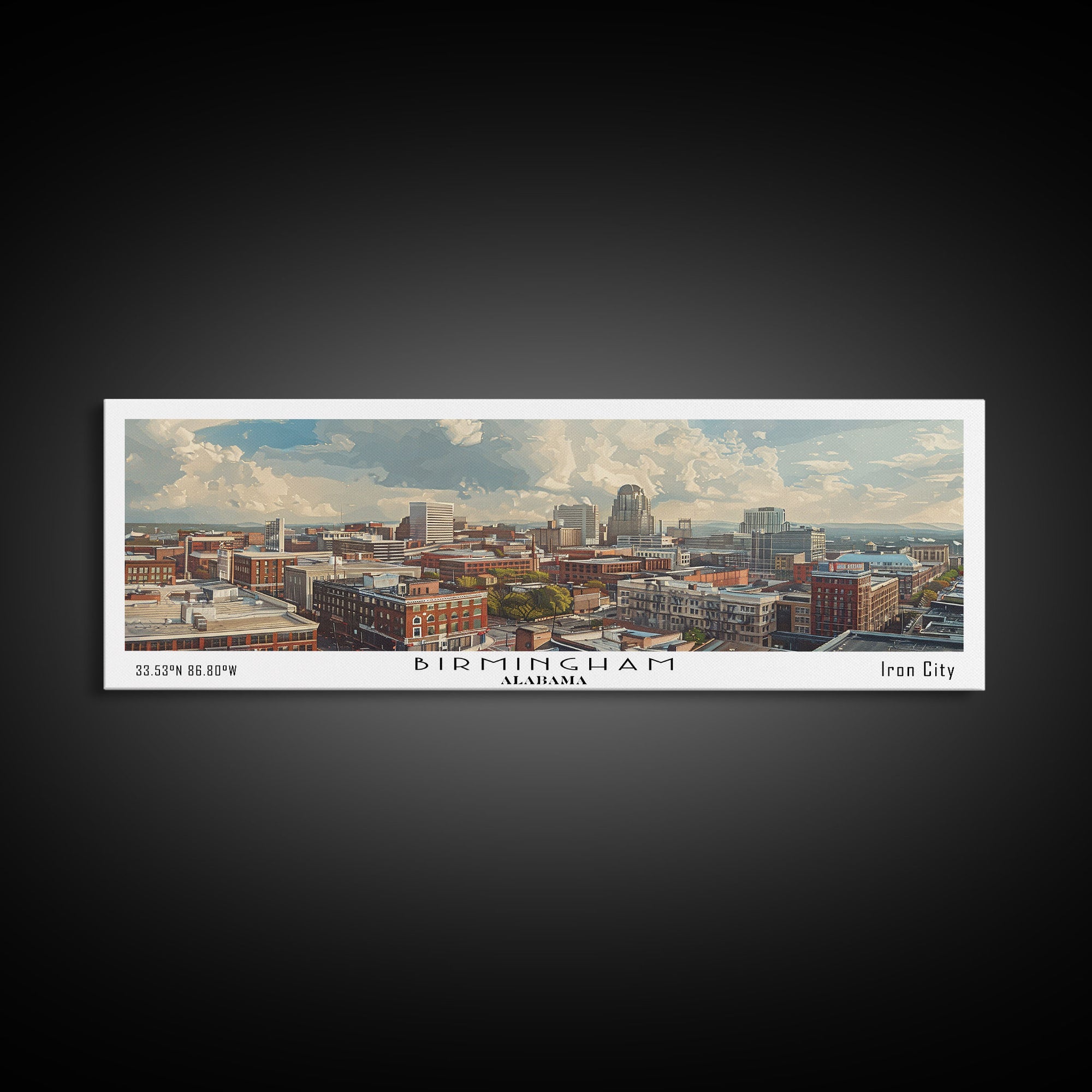 Birmingham Alabama Panoramic Painting, Watercolor Framed Canvas Print, Scenic City Art, Travel Poster, Wall Decor, Living Room Art, Gift Idea