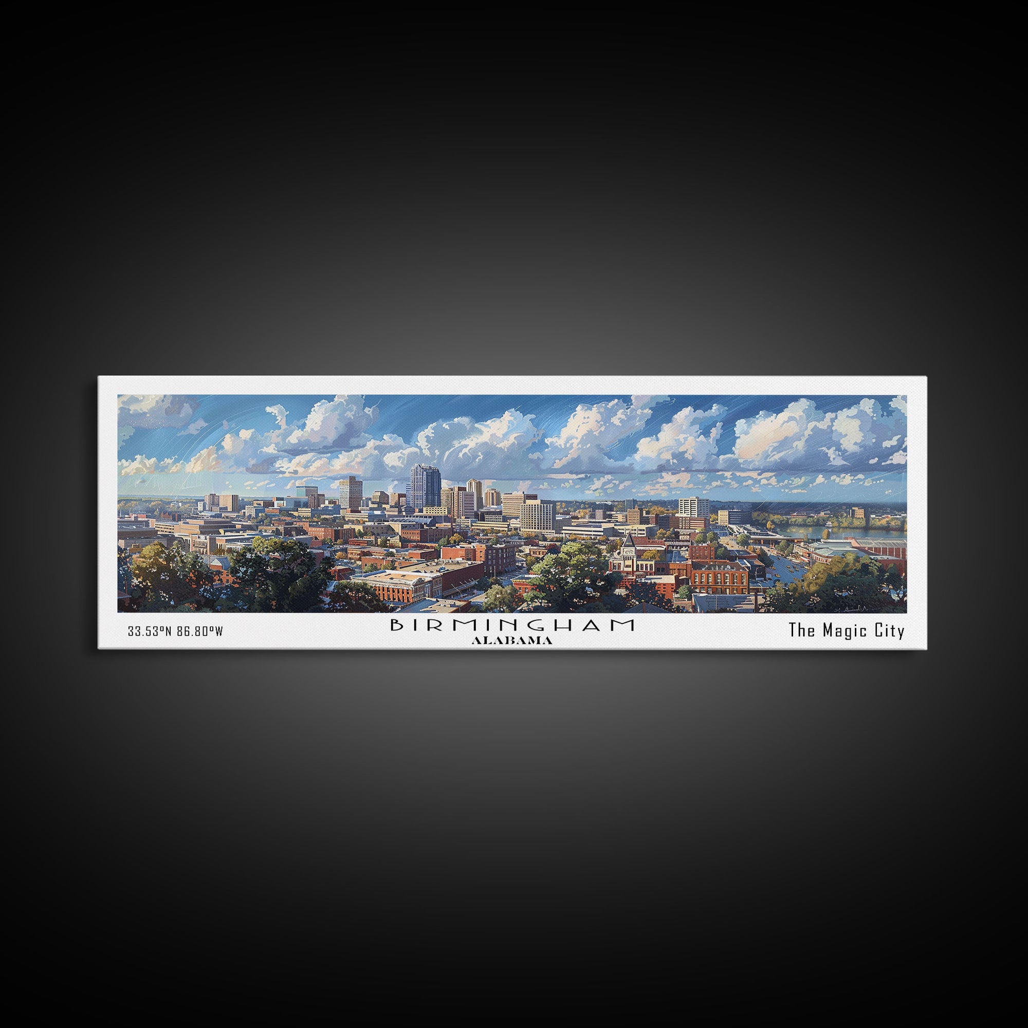 Birmingham Alabama Panoramic Watercolor Painting, Framed Canvas Print, Scenic City Art, Travel Poster, Home Decor, Wall Art, Office Wall Art