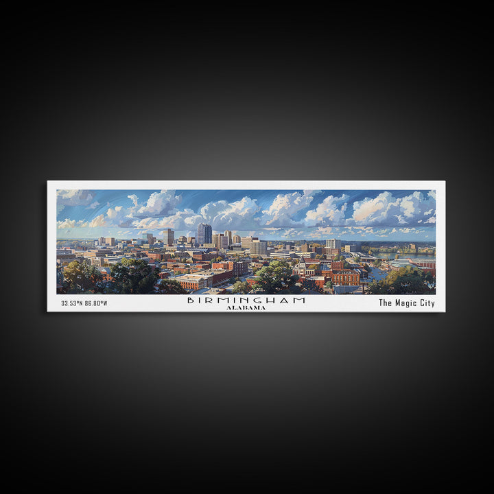Birmingham Alabama Panoramic Watercolor Painting, Framed Canvas Print, Scenic City Art, Travel Poster, Home Decor, Wall Art, Office Wall Art
