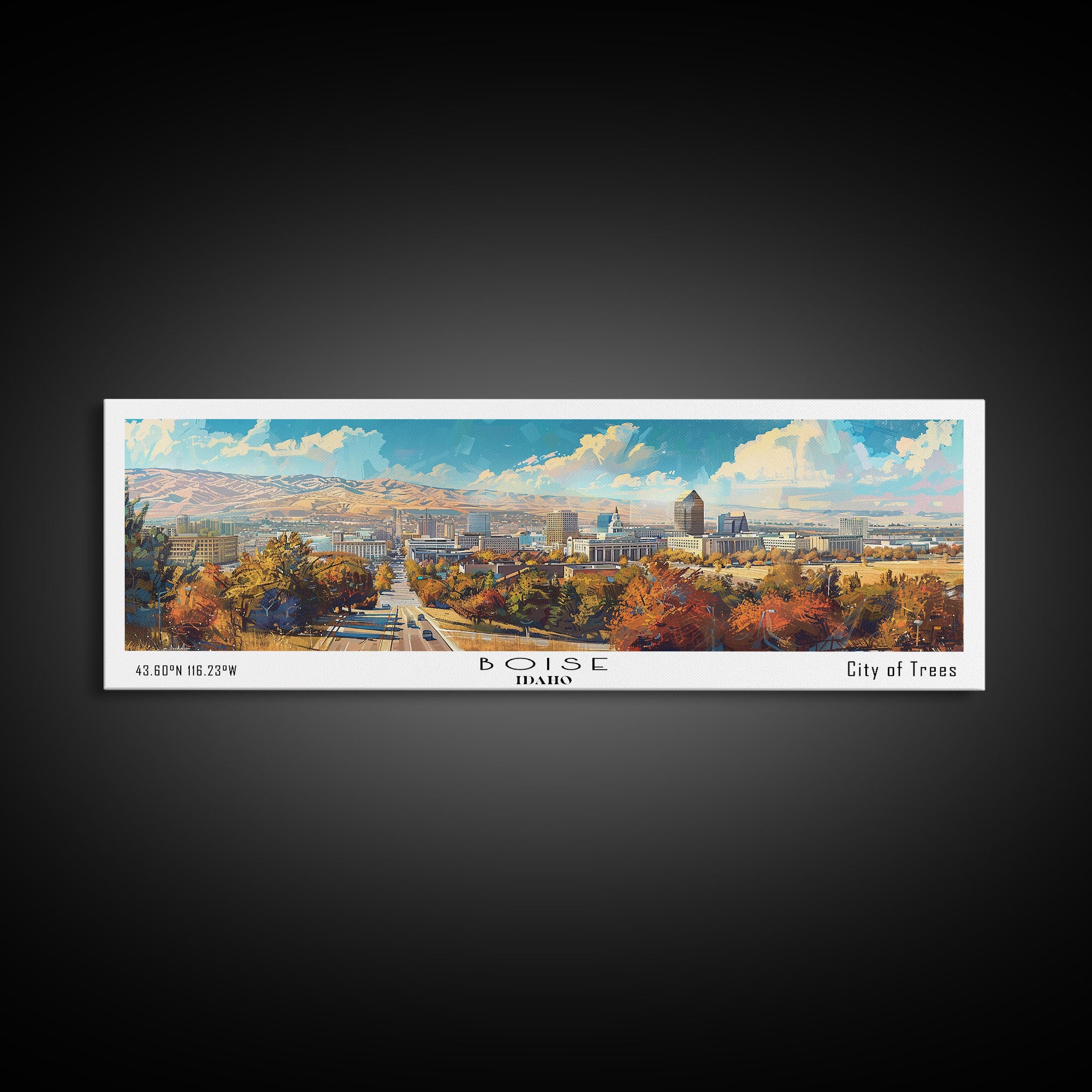 Boise Idaho Panoramic Watercolor Painting, Framed Canvas Print, Scenic City Art, Travel Poster, Wall Decor, Living Room Art, Gift Idea