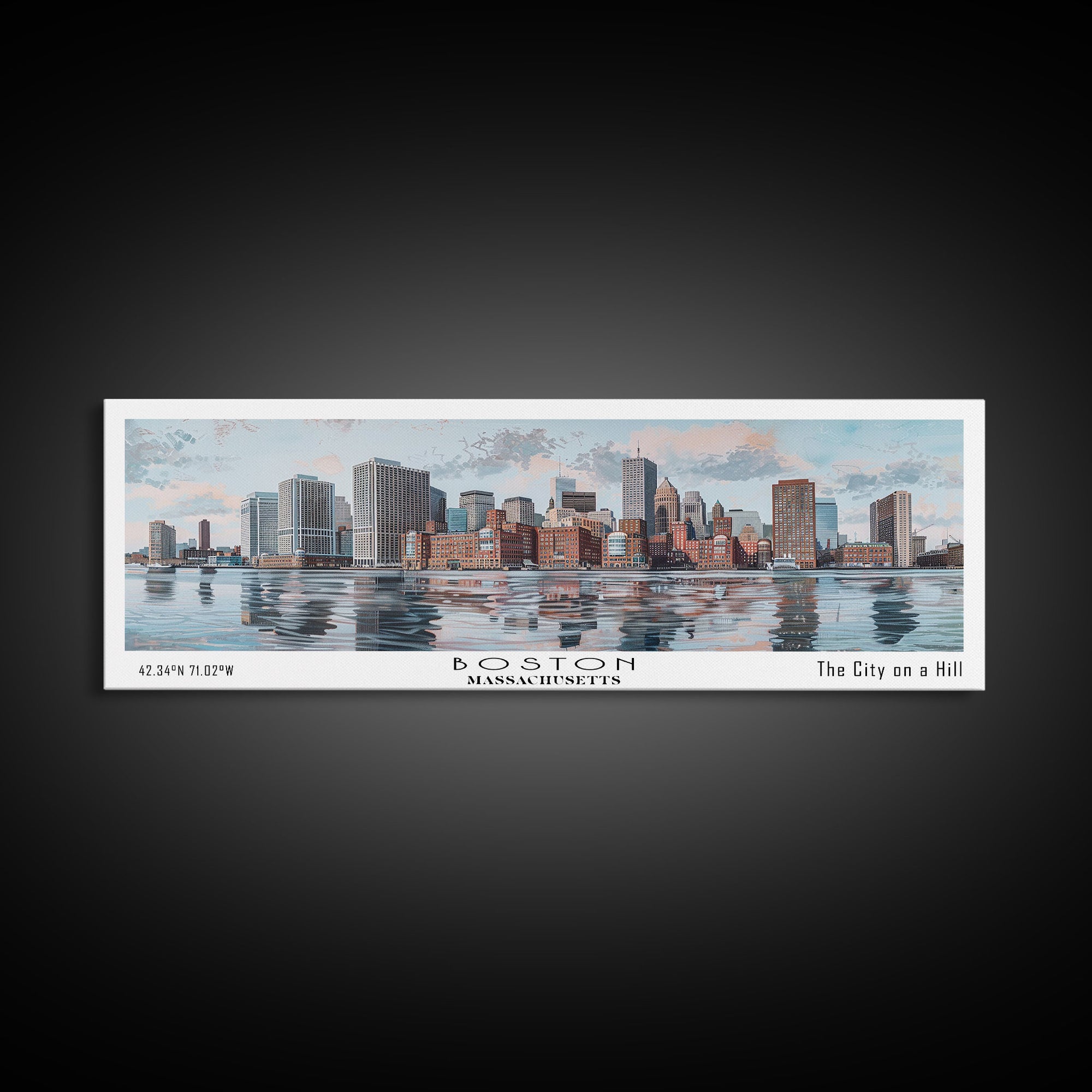 Boston Massachusetts Panoramic Painting, Watercolor Framed Canvas Print, Scenic City Art, Travel Poster, Home Decor, Wall Art, Office Wall Art