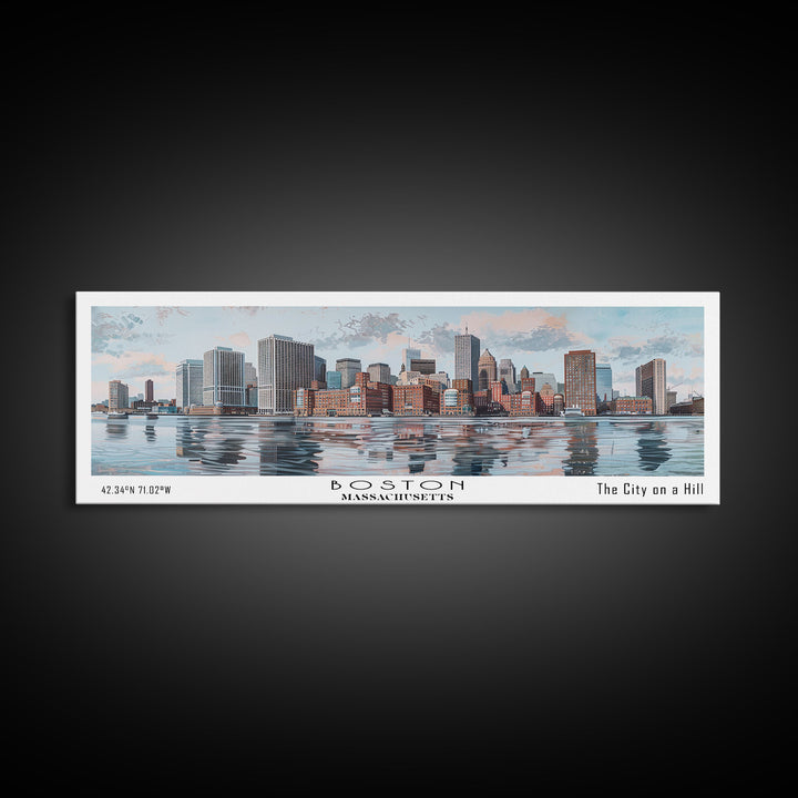 Boston Massachusetts Panoramic Painting, Watercolor Framed Canvas Print, Scenic City Art, Travel Poster, Home Decor, Wall Art, Office Wall Art