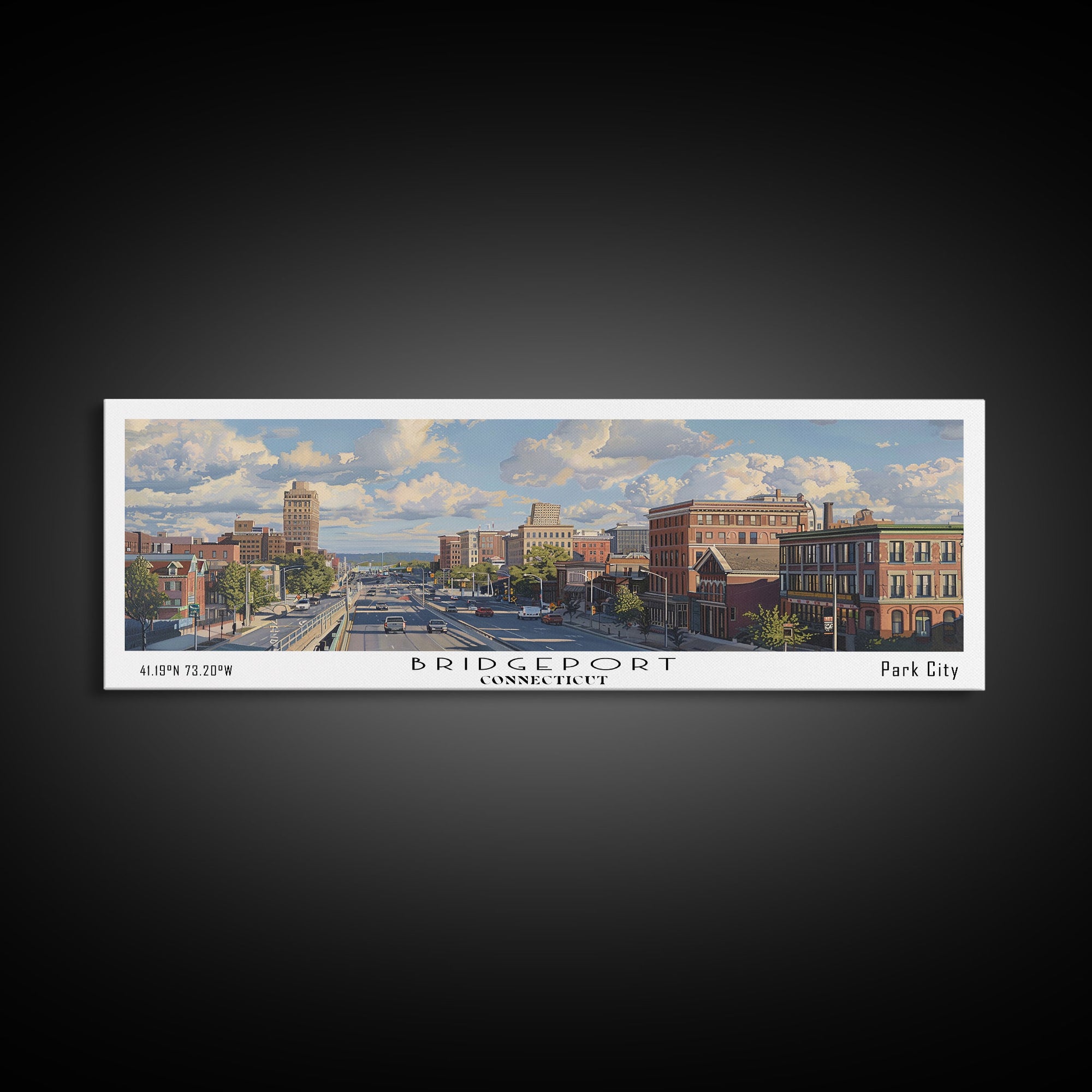 Bridgeport Connecticut Panoramic Painting, Watercolor Framed Canvas Print, Scenic City Art, Travel Poster, Home Decor, Wall Art, Office Wall Art