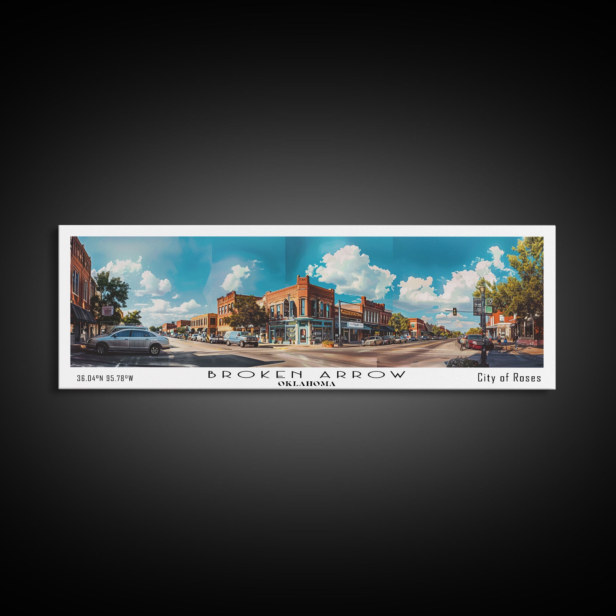 Broken Arrow Oklahoma Panoramic Painting, Watercolor Framed Canvas Print, Scenic City Art, Travel Poster, Home Decor, Wall Hanging, Living Room Art