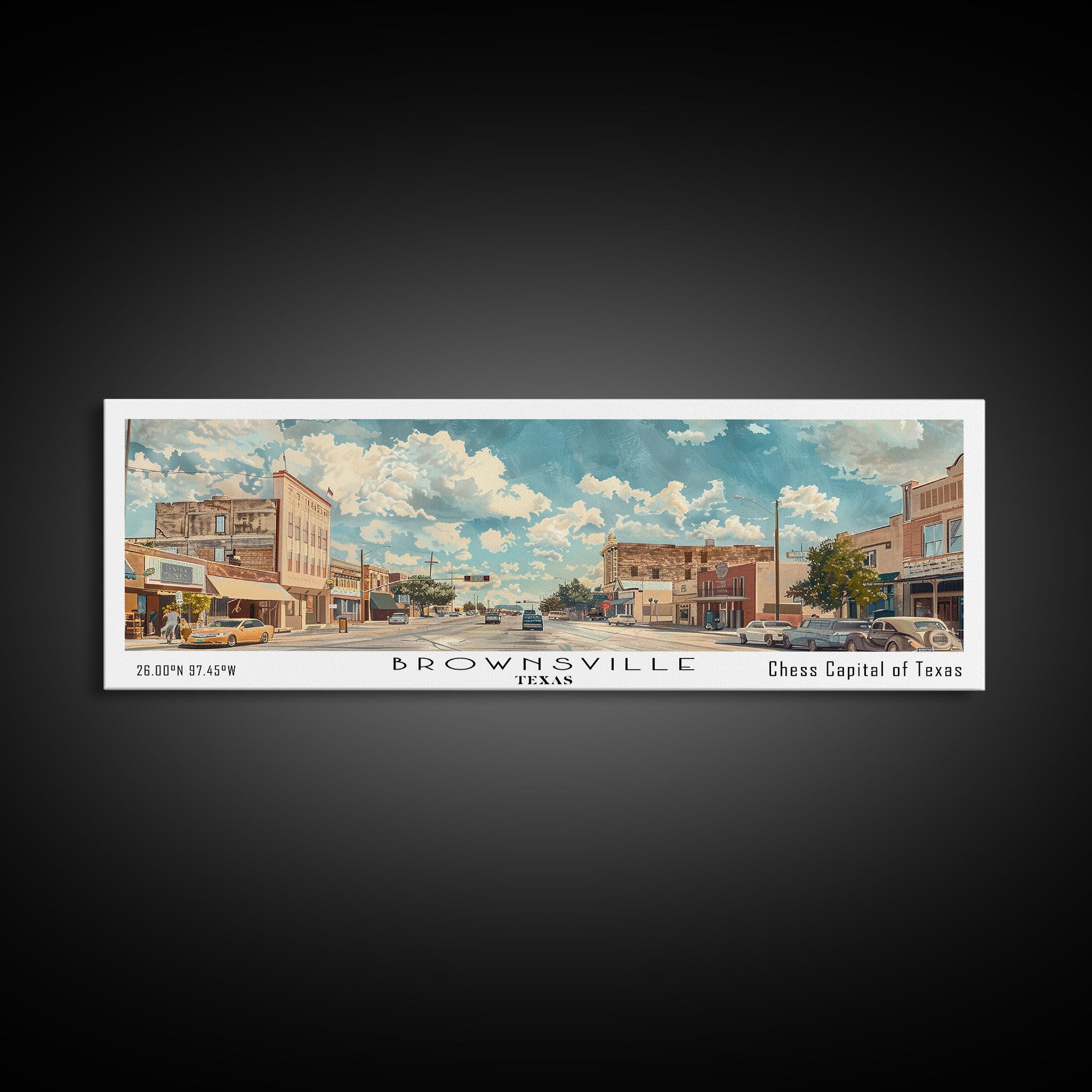 Brownsville Texas Panoramic Painting, Watercolor Framed Canvas Print, Scenic City Art, Travel Poster, Wall Decor, Living Room Art, Gift Idea