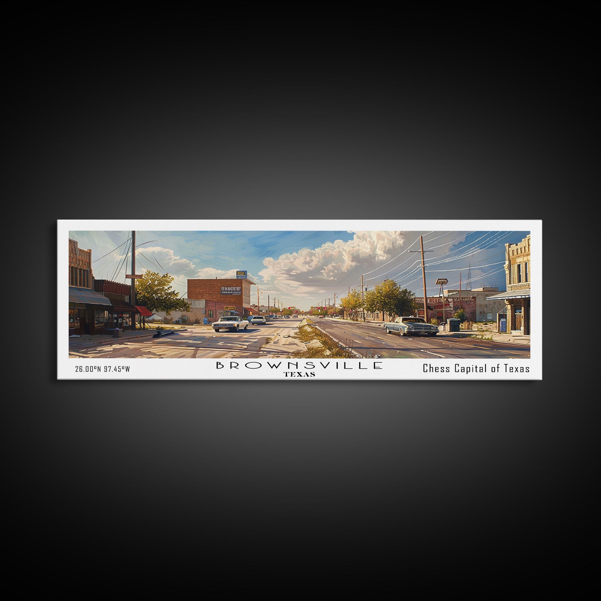 Brownsville Texas Panoramic Watercolor Painting, Framed Canvas Print, Scenic City Art, Travel Poster, Home Decor, Wall Art, Office Wall Art