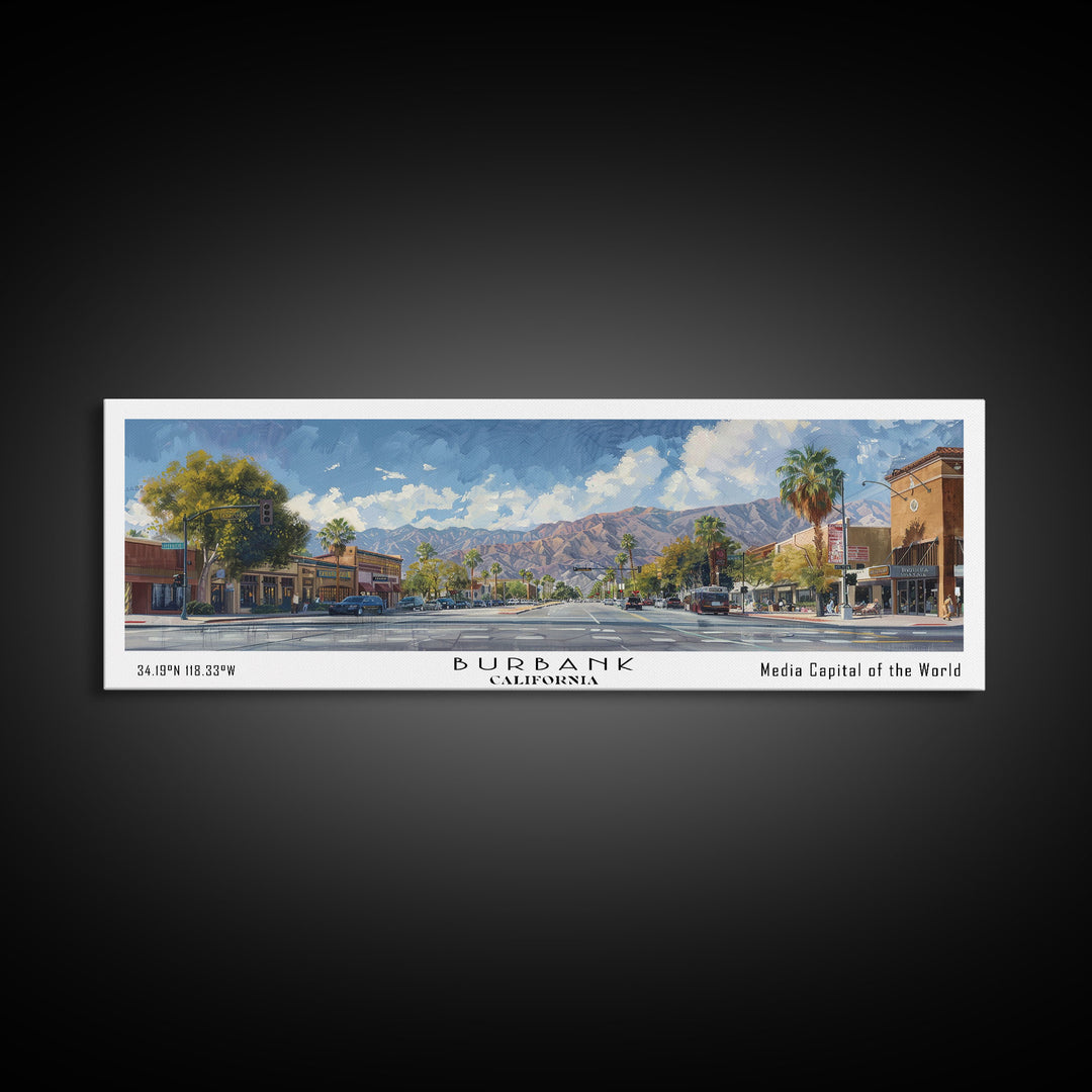 Burbank California Panoramic Watercolor Painting Framed Canvas Print, Travel Poster Art, Home Decor, Charming Cityscape, Bedroom Wall Art, Office Decoration, Gift for Travelers