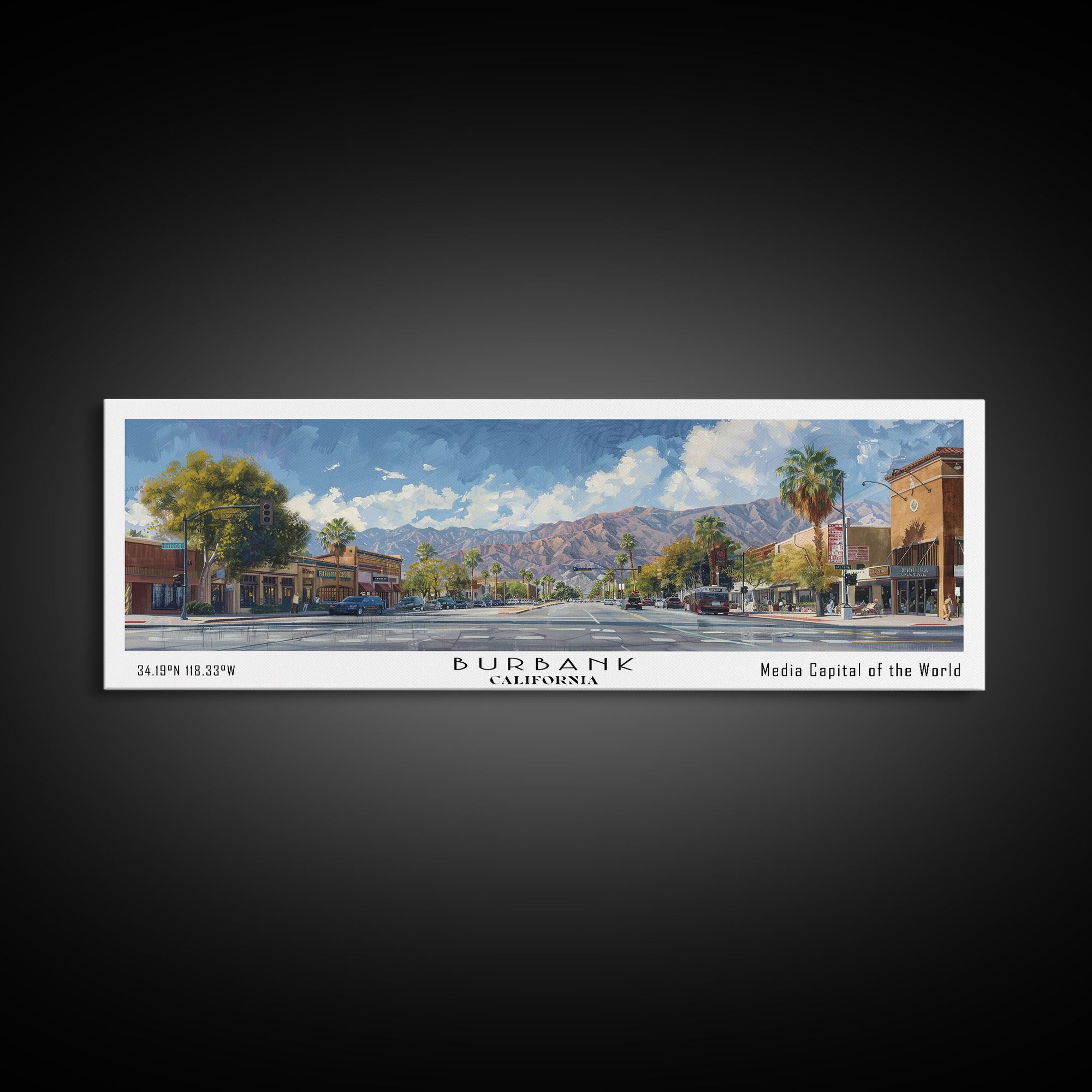 Burbank California Panoramic Watercolor Painting Framed Canvas Print, Travel Poster Art, Home Decor, Charming Cityscape, Bedroom Wall Art, Office Decoration, Gift for Travelers