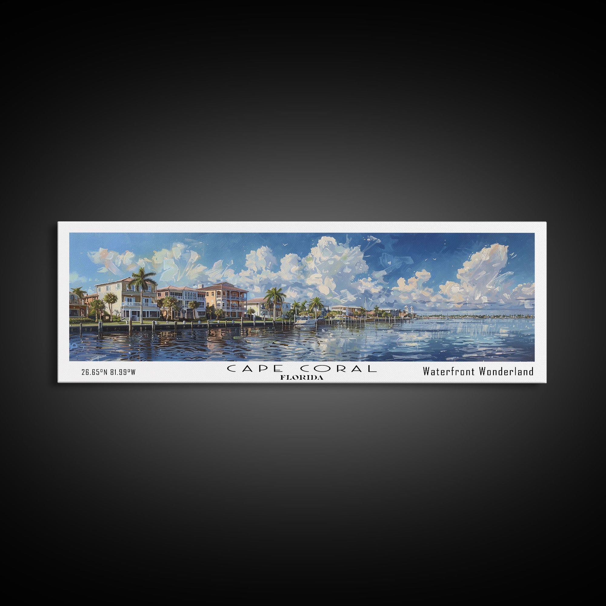 Cape Coral Florida Panoramic Watercolor Painting Framed Canvas Print, Travel Poster Art, Coastal Cityscape, Living Room Decor, Wall Hanging, Office Art, Unique Gift Idea