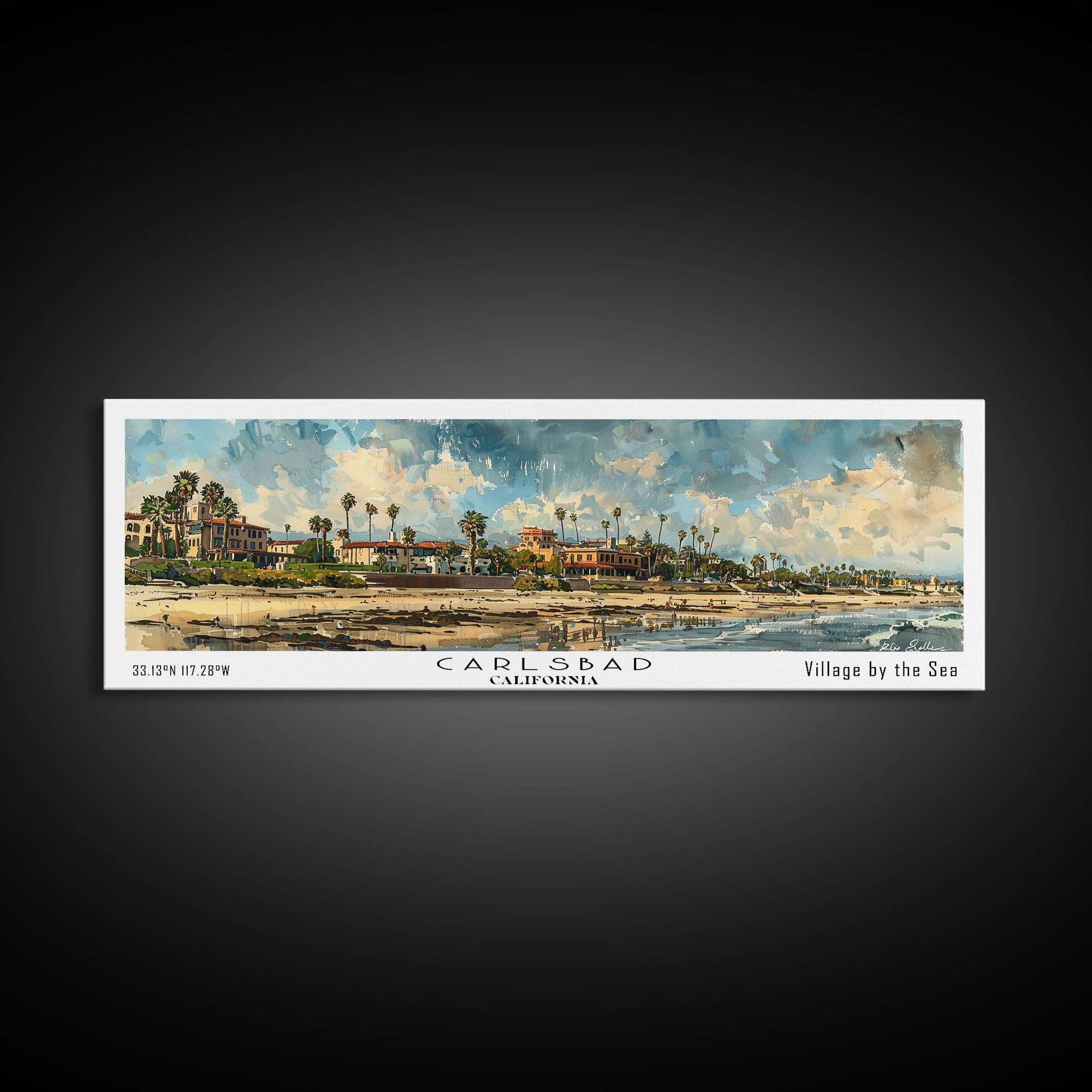 Carlsbad California Panoramic Watercolor Painting Framed Canvas Print, Travel Poster Art, Coastal Home Decor, Picturesque Cityscape, Wall Art for Bedroom, Office Wall Decoration, Travel Enthusiast Gift