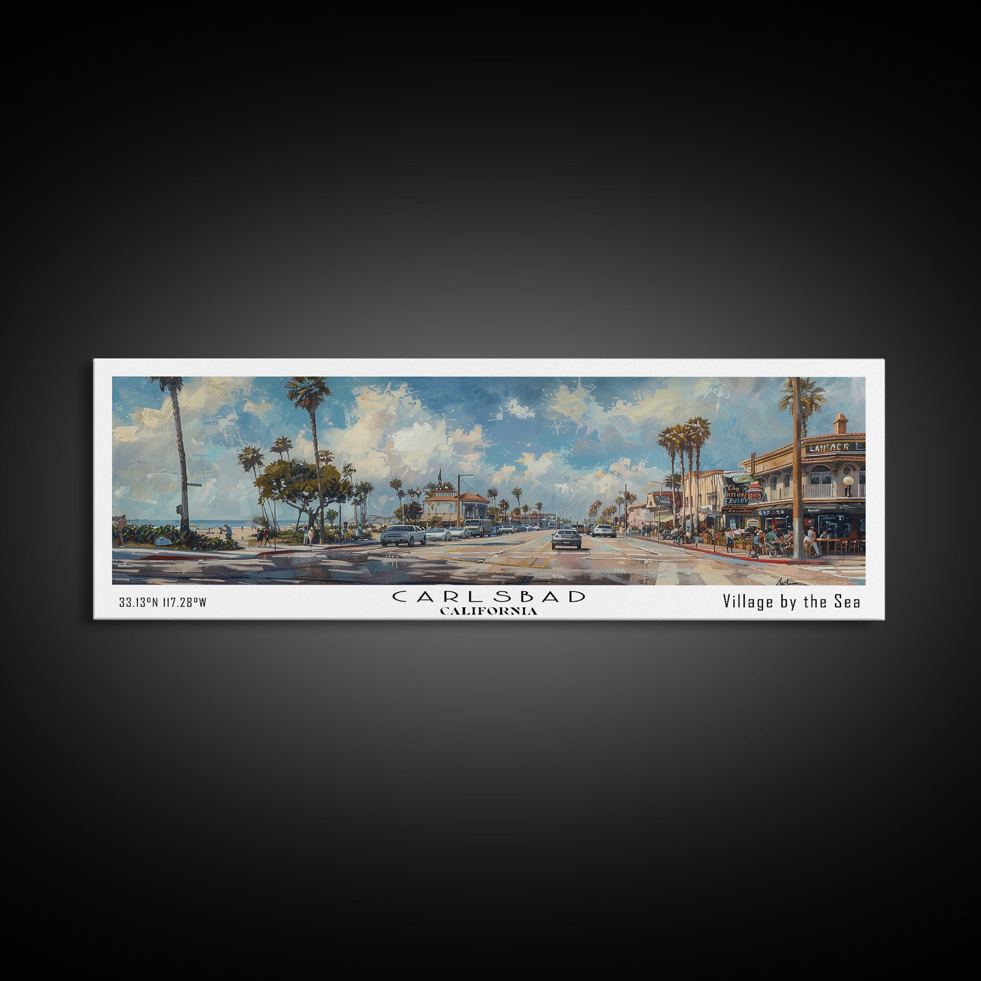 Carlsbad California Panoramic Watercolor Style Framed Canvas Print, Coastal Travel Poster, Home Decor, Picturesque Seascape, Office Wall Art, Living Room Decoration, Unique Gift Idea