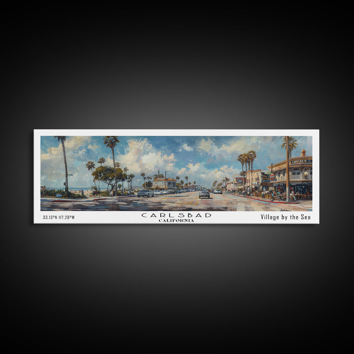 Carlsbad California Panoramic Watercolor Style Framed Canvas Print, Coastal Travel Poster, Home Decor, Picturesque Seascape, Office Wall Art, Living Room Decoration, Unique Gift Idea
