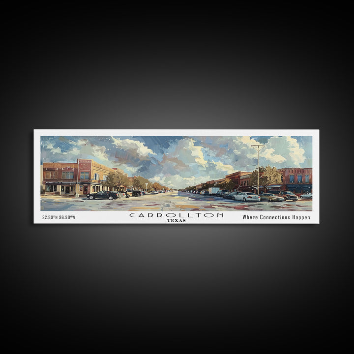 Carrolton Texas Panoramic Watercolor Painting Framed Canvas Print, Travel Poster Art, Home Decor, Texas City Landscape, Bedroom Wall Art, Office Decoration, Texas-Themed Gift