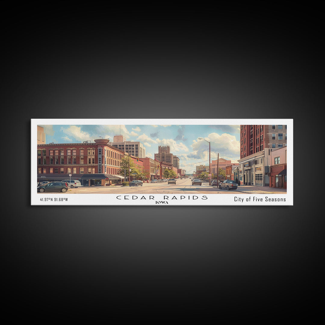 Cedar Rapids Iowa Panoramic Watercolor Painting Framed Canvas Print, Travel Poster Art, Home Decor, Iowa Cityscape, Living Room Decoration, Office Wall Art, Gift for Iowans