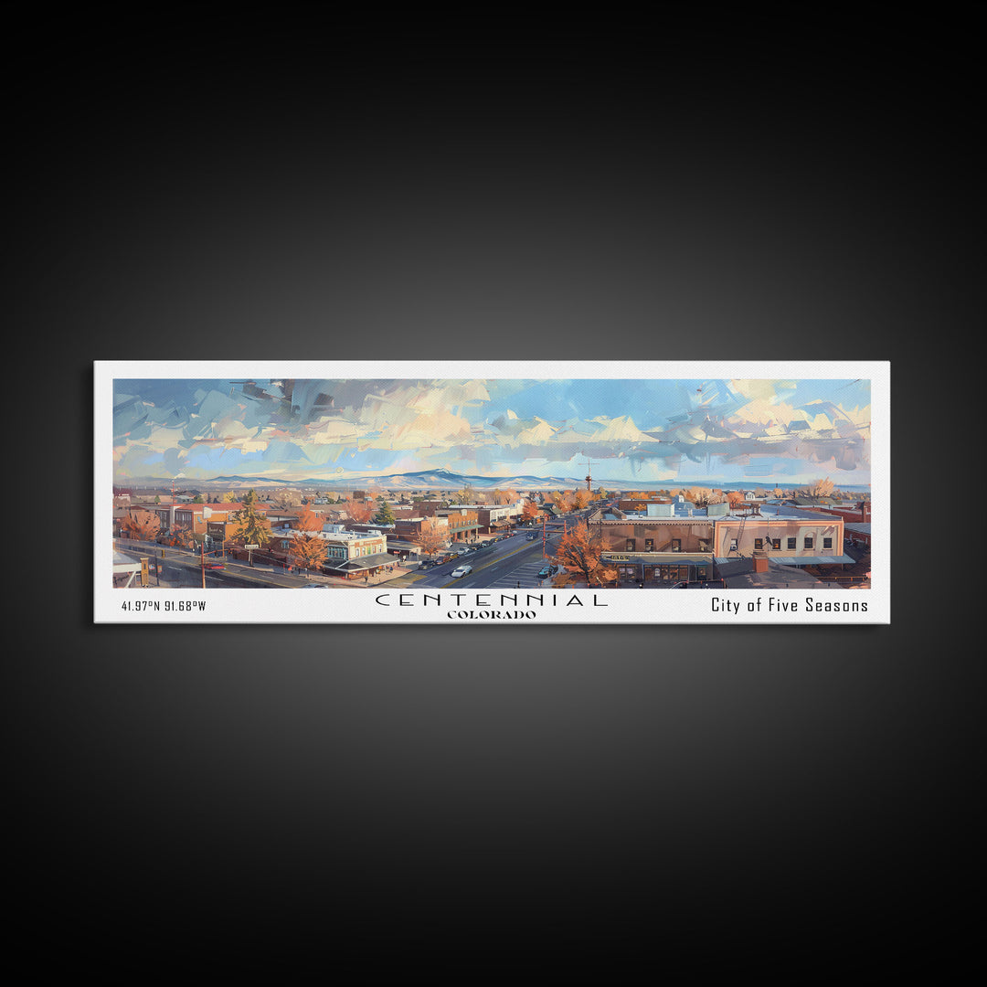 Centennial Colorado Panoramic Watercolor Painting Framed Canvas Print, Travel Poster Art, Home Decor, Mountain Cityscape, Bedroom Wall Art, Office Decoration, Unique Travel Gift