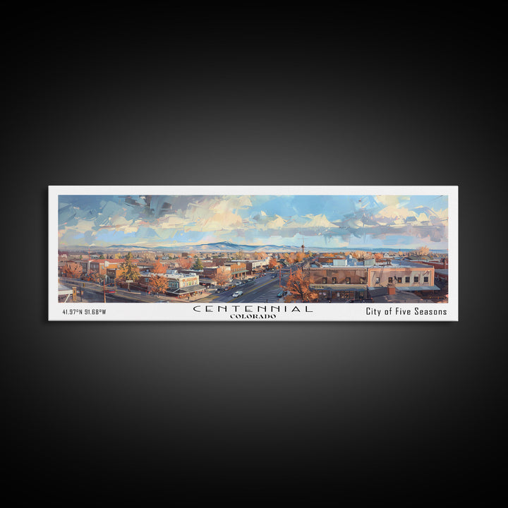 Centennial Colorado Panoramic Watercolor Painting Framed Canvas Print, Travel Poster Art, Home Decor, Mountain Cityscape, Bedroom Wall Art, Office Decoration, Unique Travel Gift