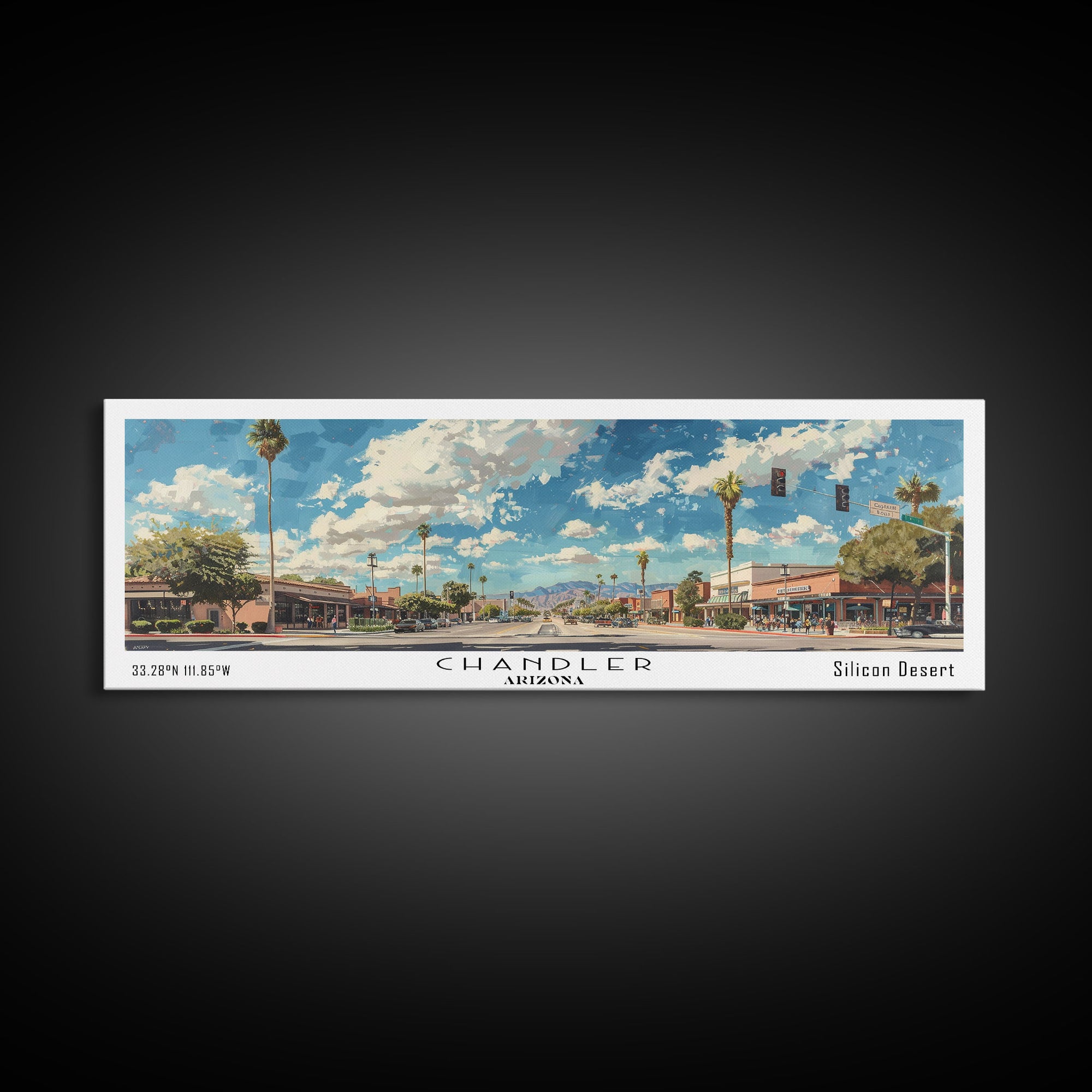 Chandler Arizona Panoramic Watercolor Painting Framed Canvas Print, Travel Poster Art, Home Decor, Desert Cityscape, Bedroom Wall Art, Office Decoration, Unique Travel Gift
