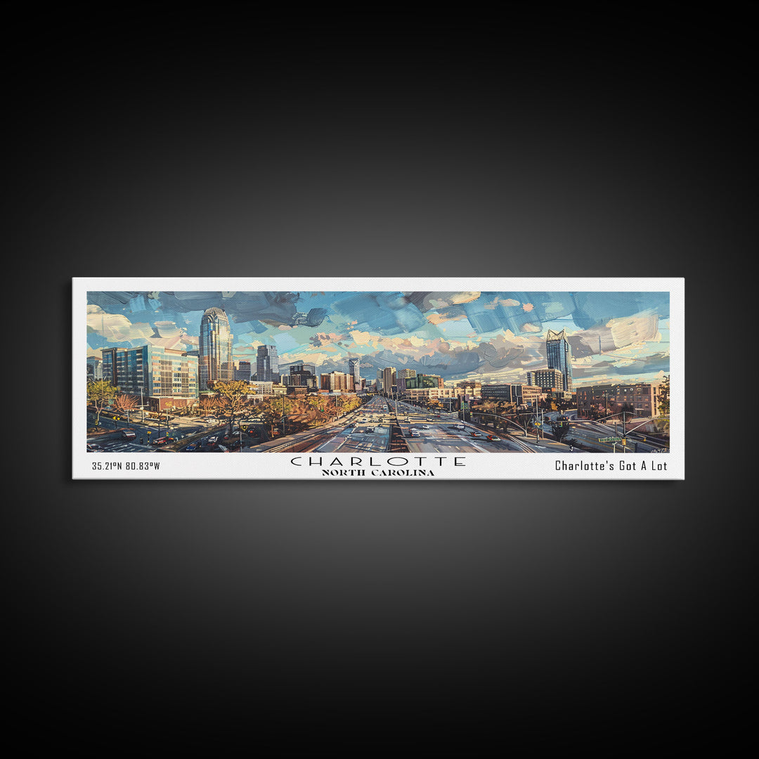 Charlotte North Carolina Panoramic Watercolor Painting Framed Canvas Print, Travel Poster Art, Urban Landscape, Home Decor, Bedroom Wall Art, Office Decoration, Unique Travel Gift