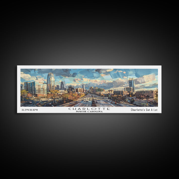 Charlotte North Carolina Panoramic Watercolor Painting Framed Canvas Print, Travel Poster Art, Urban Landscape, Home Decor, Bedroom Wall Art, Office Decoration, Unique Travel Gift