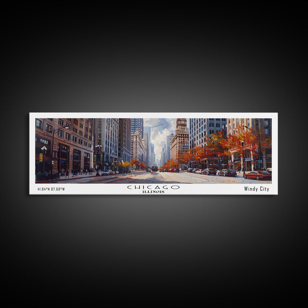 Chicago Illinois Panoramic Watercolor Painting Framed Canvas Print, Travel Poster Art, Urban Cityscape, Home Decor, Living Room Wall Art, Office Decoration, Gift for Chicago Lovers