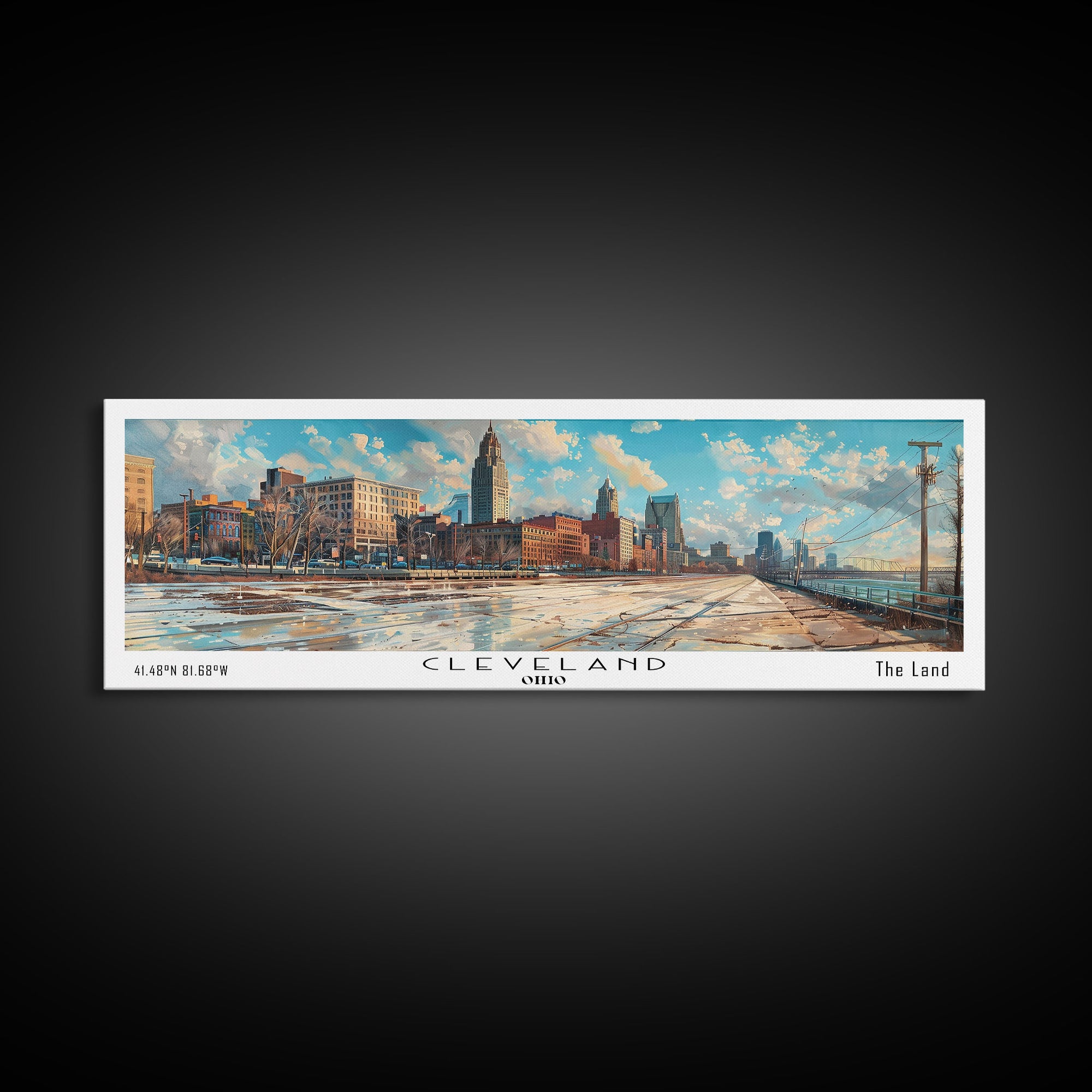 Cleveland Ohio Panoramic Watercolor Painting Framed Canvas Print, Travel Poster Art, Urban Cityscape, Home Decor, Living Room Wall Art, Office Decoration, Gift for Ohioans