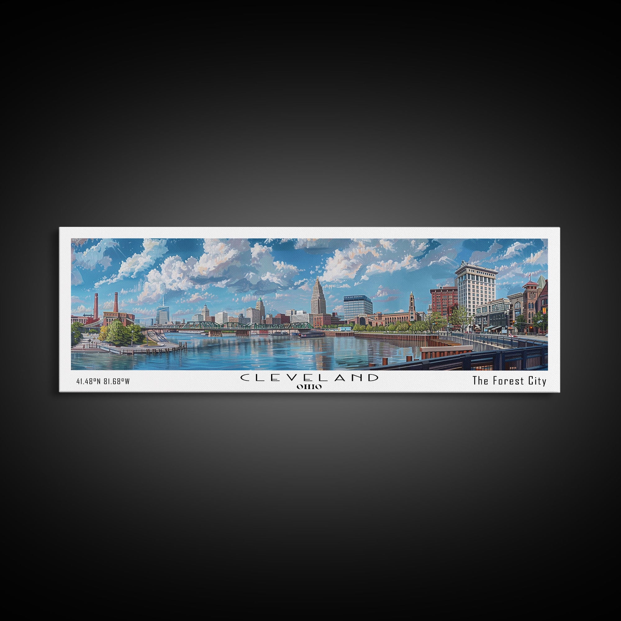 Cleveland Ohio Panoramic Watercolor Painting Framed Canvas Print, Travel Poster Art, Urban Landscape, Bedroom Wall Art, Living Room Decoration, Office Wall Art, Ohio-Themed Gift