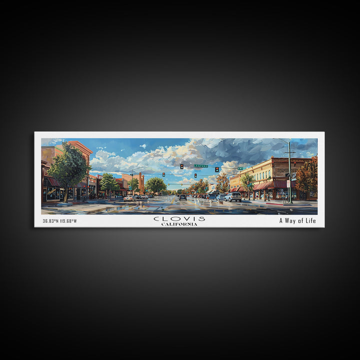 Clovis California Panoramic Watercolor Painting Framed Canvas Print, Travel Poster Art, Picturesque Landscape, Home Decor, Living Room Wall Art, Office Decoration, Unique Travel Gift