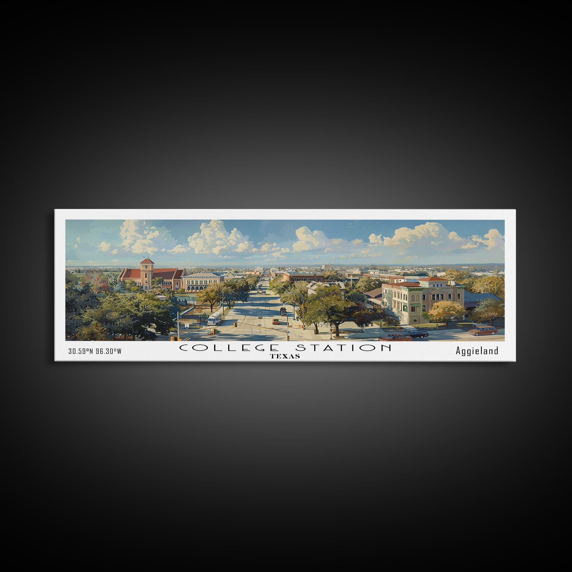 College Station Texas Panoramic Watercolor Painting Framed Canvas Print, Travel Poster Art, Cityscape, Living Room Decor, Wall Hanging, Office Art, Texas-Themed Gift