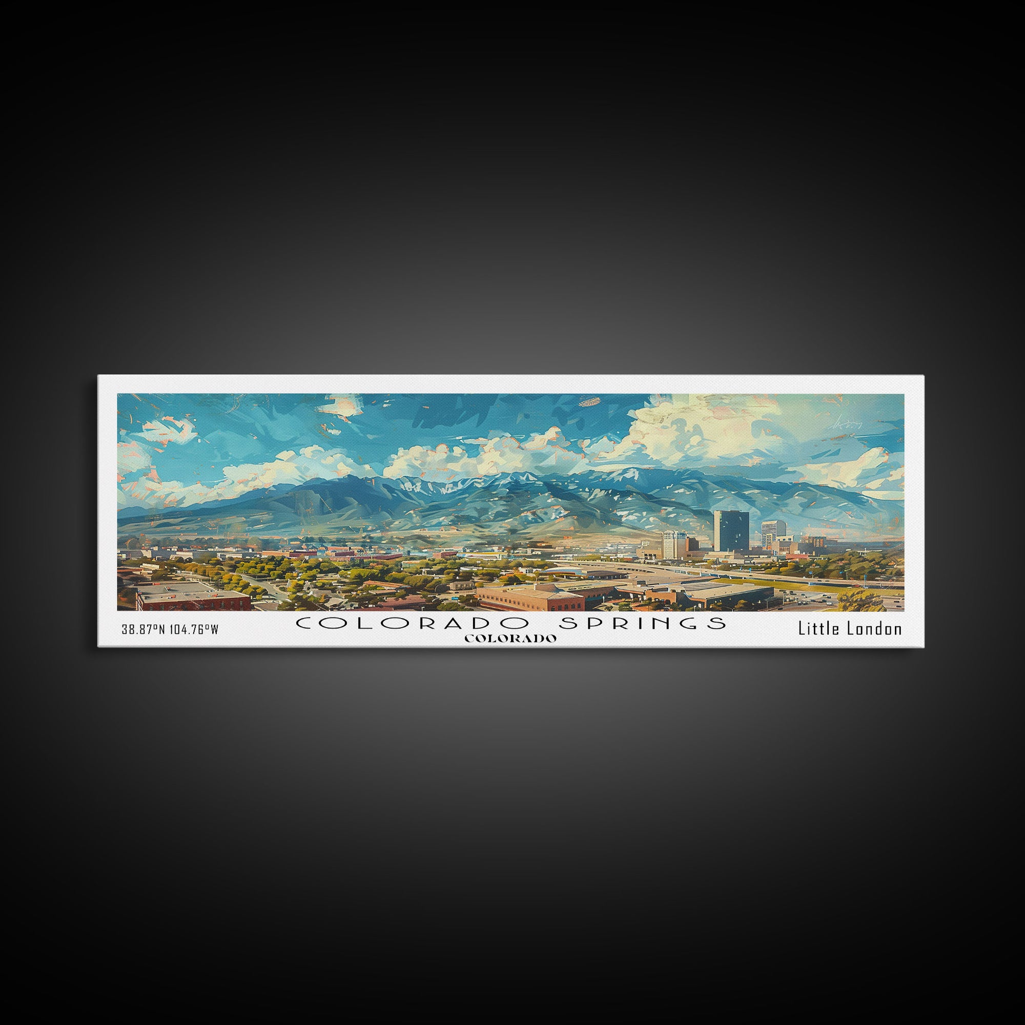 Colorado Springs Colorado Panoramic Watercolor Painting Framed Canvas Print, Travel Poster Art, Mountain Cityscape, Living Room Decor, Wall Art, Office Decoration, Colorado Gift