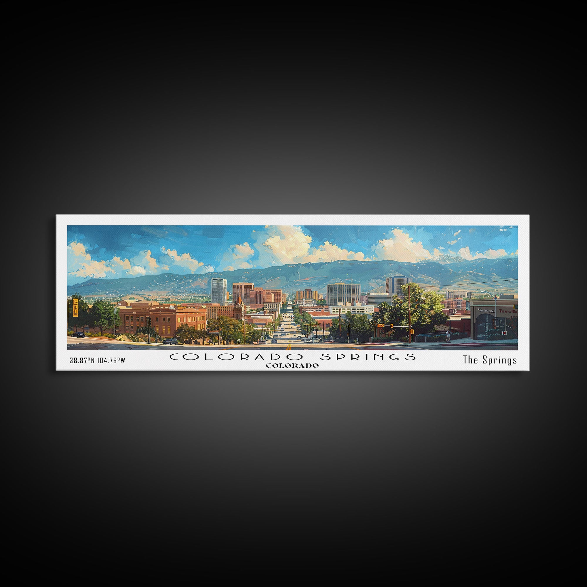 Colorado Springs Colorado Panoramic Watercolor Painting Framed Canvas Print, Travel Poster Art, Mountain Landscape, Home Decor, Bedroom Wall Art, Office Decoration, Colorado-Themed Gift