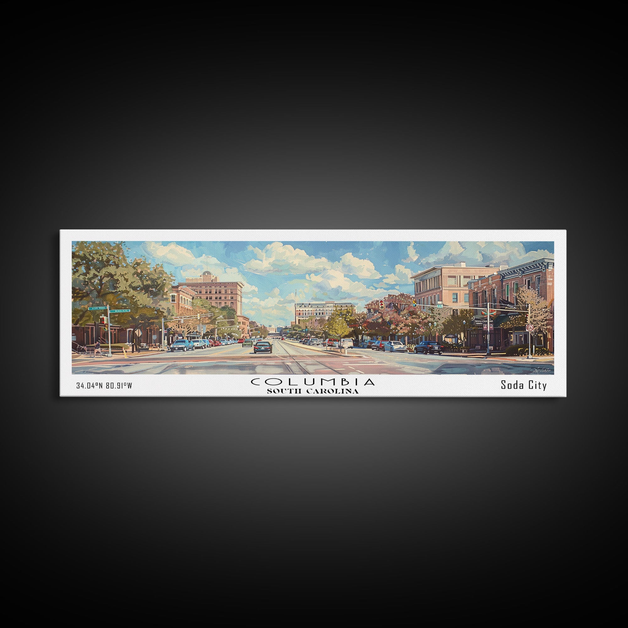 Columbia South Carolina Panoramic Watercolor Painting Framed Canvas Print, Travel Poster Art, Urban Cityscape, Living Room Decor, Wall Hanging, Office Art, Southern Charm Gift