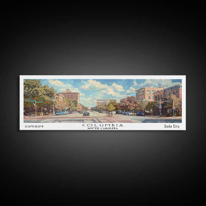 Columbia South Carolina Panoramic Watercolor Painting Framed Canvas Print, Travel Poster Art, Urban Cityscape, Living Room Decor, Wall Hanging, Office Art, Southern Charm Gift