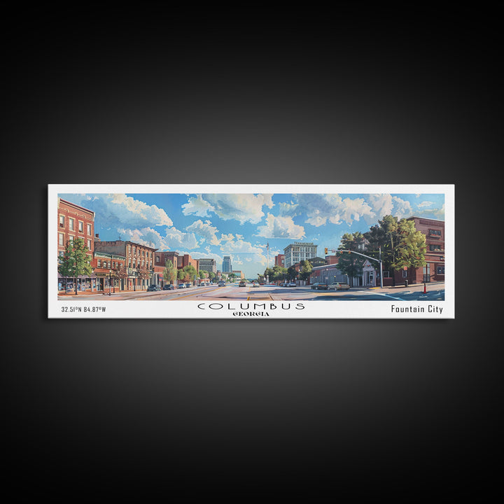 Columbus Georgia Panoramic Watercolor Painting Framed Canvas Print, Travel Poster Art, Picturesque Landscape, Home Decor, Living Room Wall Art, Office Decoration, Unique Travel Gift