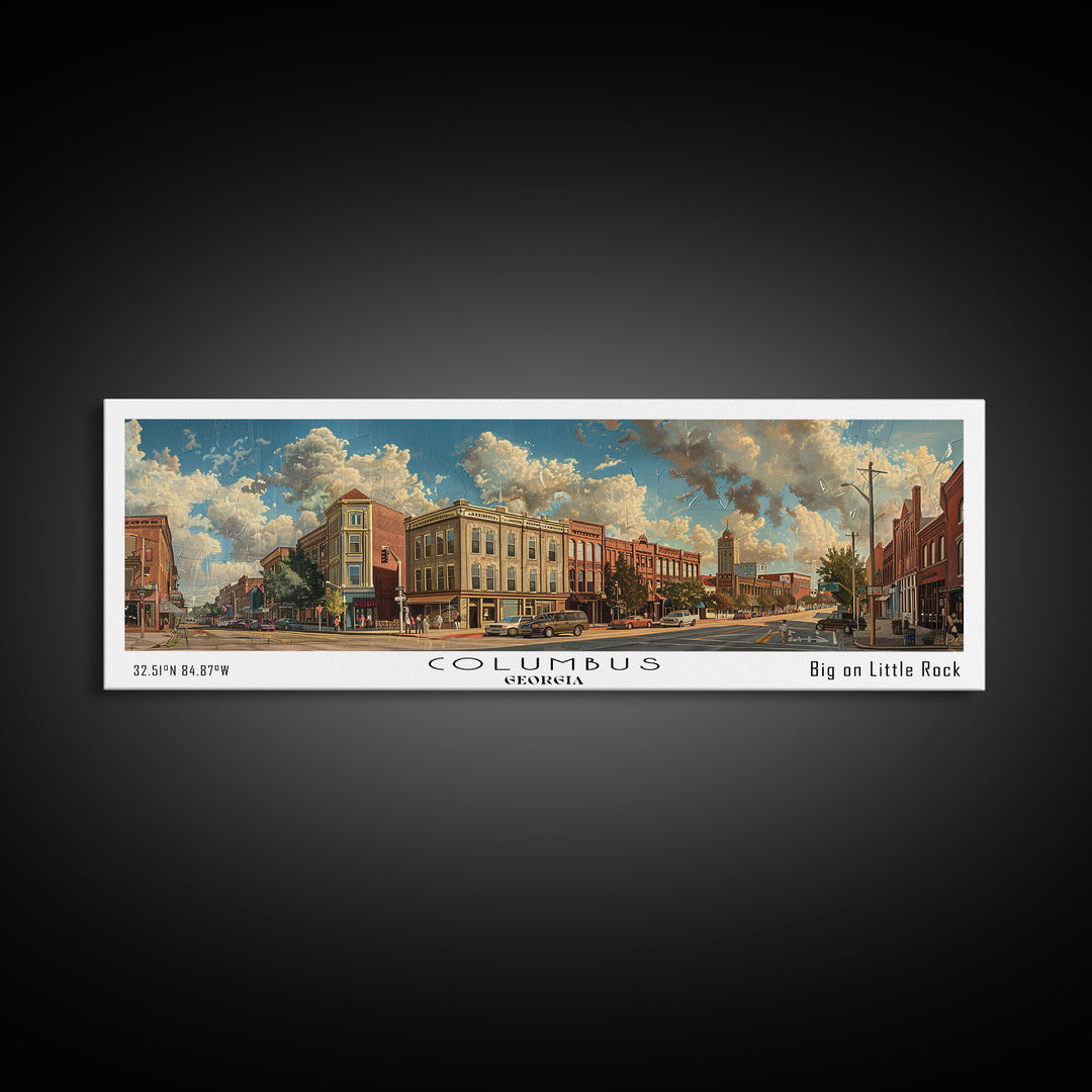 Columbus Georgia Panoramic Watercolor Painting Framed Canvas Print, Travel Poster Art, Urban Landscape, Bedroom Wall Art, Living Room Decoration, Office Wall Art, Georgia-Themed Gift