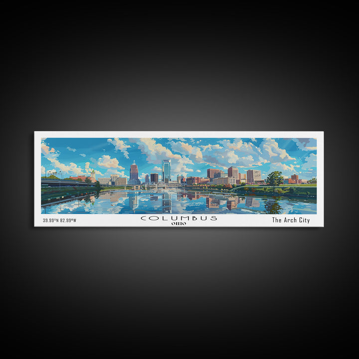 Columbus Ohio Panoramic Watercolor Painting Framed Canvas Print, Travel Poster Art, Urban Cityscape, Home Decor, Living Room Wall Art, Office Decoration, Gift for Ohioans