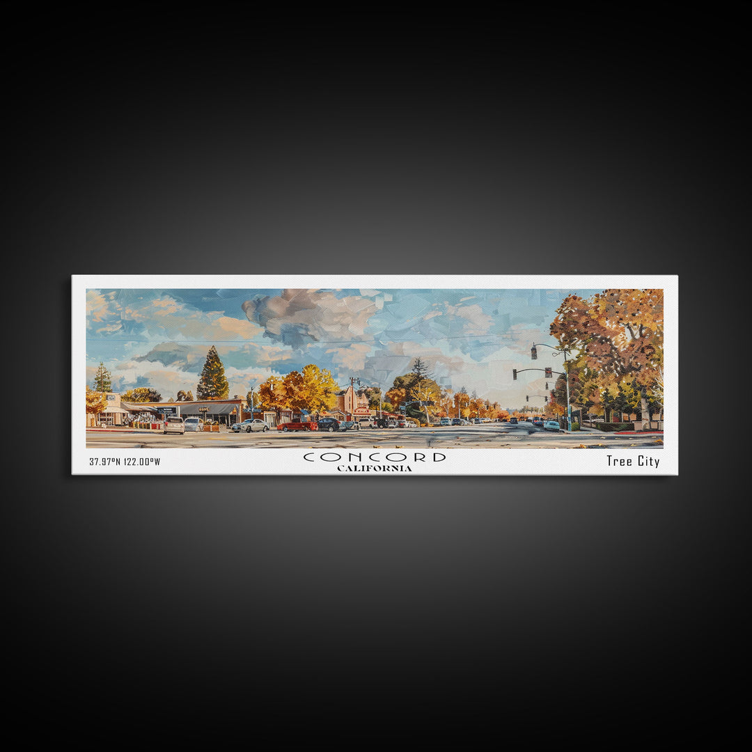 Concord California Panoramic Watercolor Painting Framed Canvas Print, Travel Poster Art, Urban Landscape, Bedroom Wall Art, Living Room Decoration, Office Wall Art, California-Themed Gift