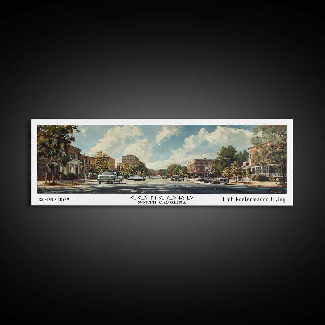 Concord North Carolina Panoramic Watercolor Painting Framed Canvas Print, Travel Poster Art, Urban Cityscape, Living Room Decor, Wall Hanging, Office Art, Southern Charm Gift