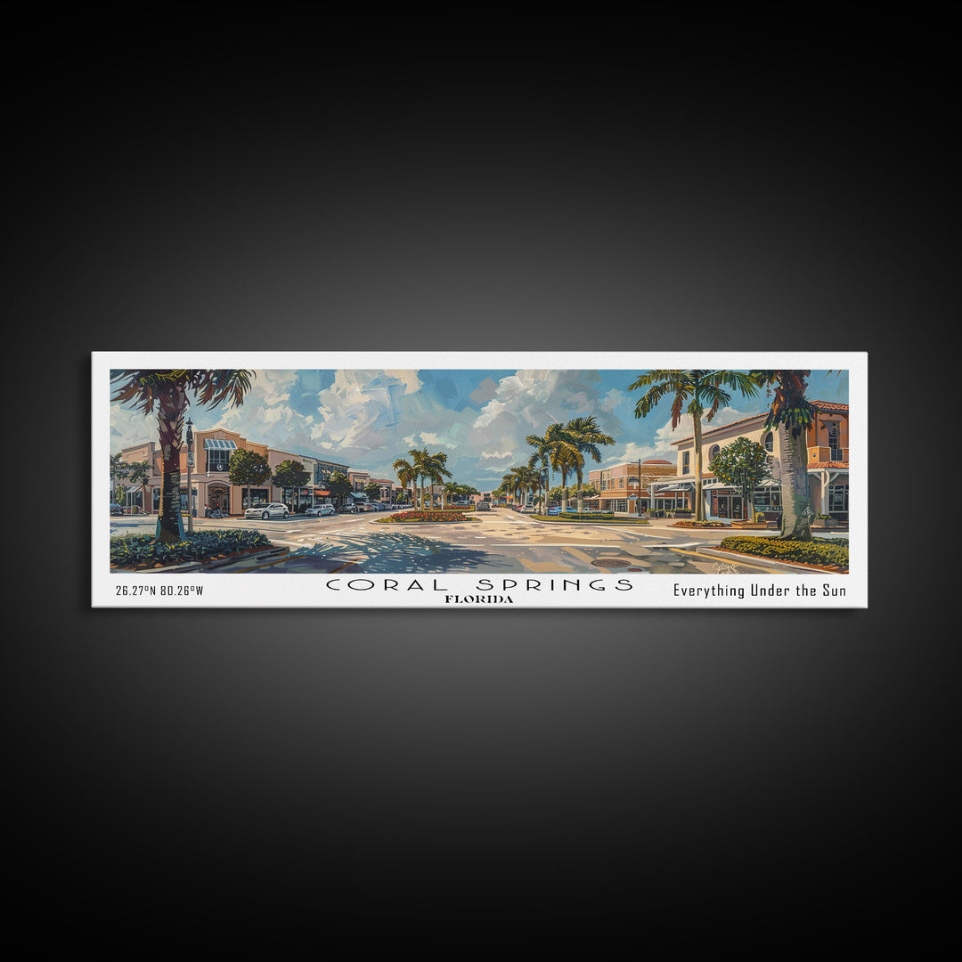 Coral Springs Florida Panoramic Watercolor Painting Framed Canvas Print, Travel Poster Art, Coastal View, Home Decor, Living Room Wall Art, Office Decoration, Gift for Beach Lovers
