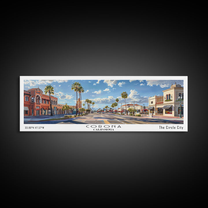 Corona California Panoramic Watercolor Painting Framed Canvas Print, Travel Poster Art, Urban Cityscape, Home Decor, Living Room Wall Art, Office Decoration, Gift for California Lovers