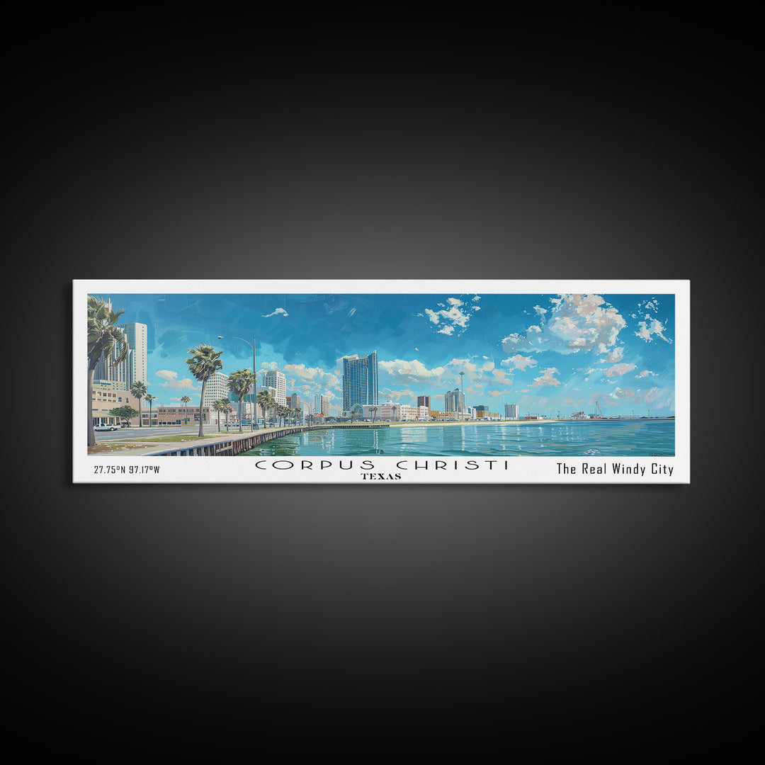 Corpus Christi Texas Panoramic Watercolor Painting, Scenic Framed Canvas Print, Coastal Wall Art for Living Room, Travel Decor, City Print, Vacation Gift