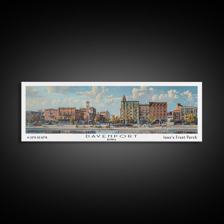 Davenport Iowa Panoramic Watercolor Painting, Scenic Framed Canvas Print, Urban Wall Art for Office, Travel Poster, Home Decor, City Gift Idea