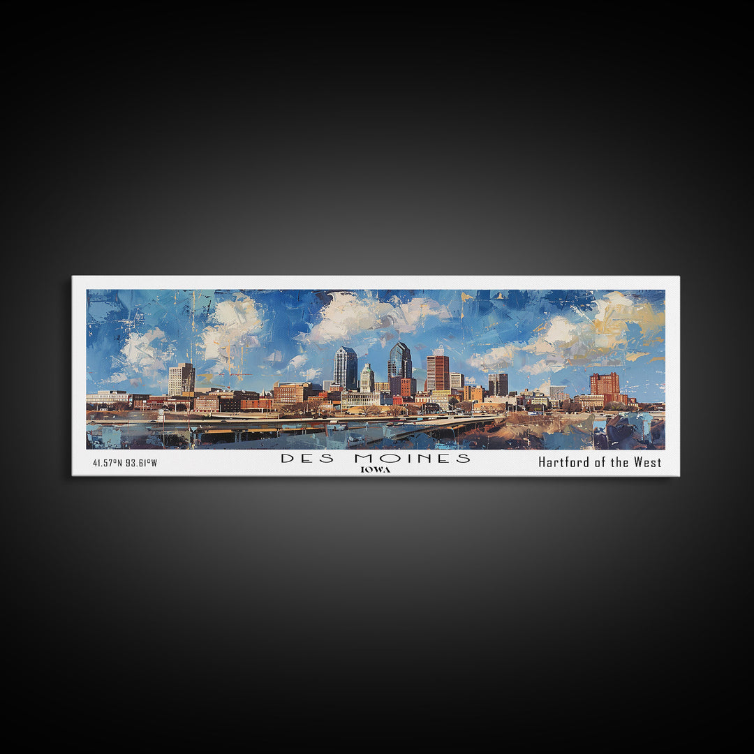 Des Moines Iowa Panoramic Watercolor Painting, Scenic Framed Canvas Print, Urban Wall Art for Office, Travel Poster, Home Decor, City Gift Idea
