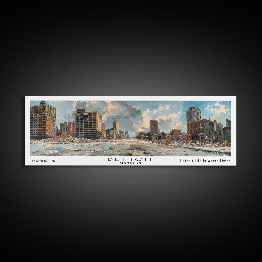 Detroit Michigan Panoramic Watercolor Painting, Scenic Framed Canvas Print, Urban Wall Art for Living Room, Travel Poster, Home Decor, City Gift Idea