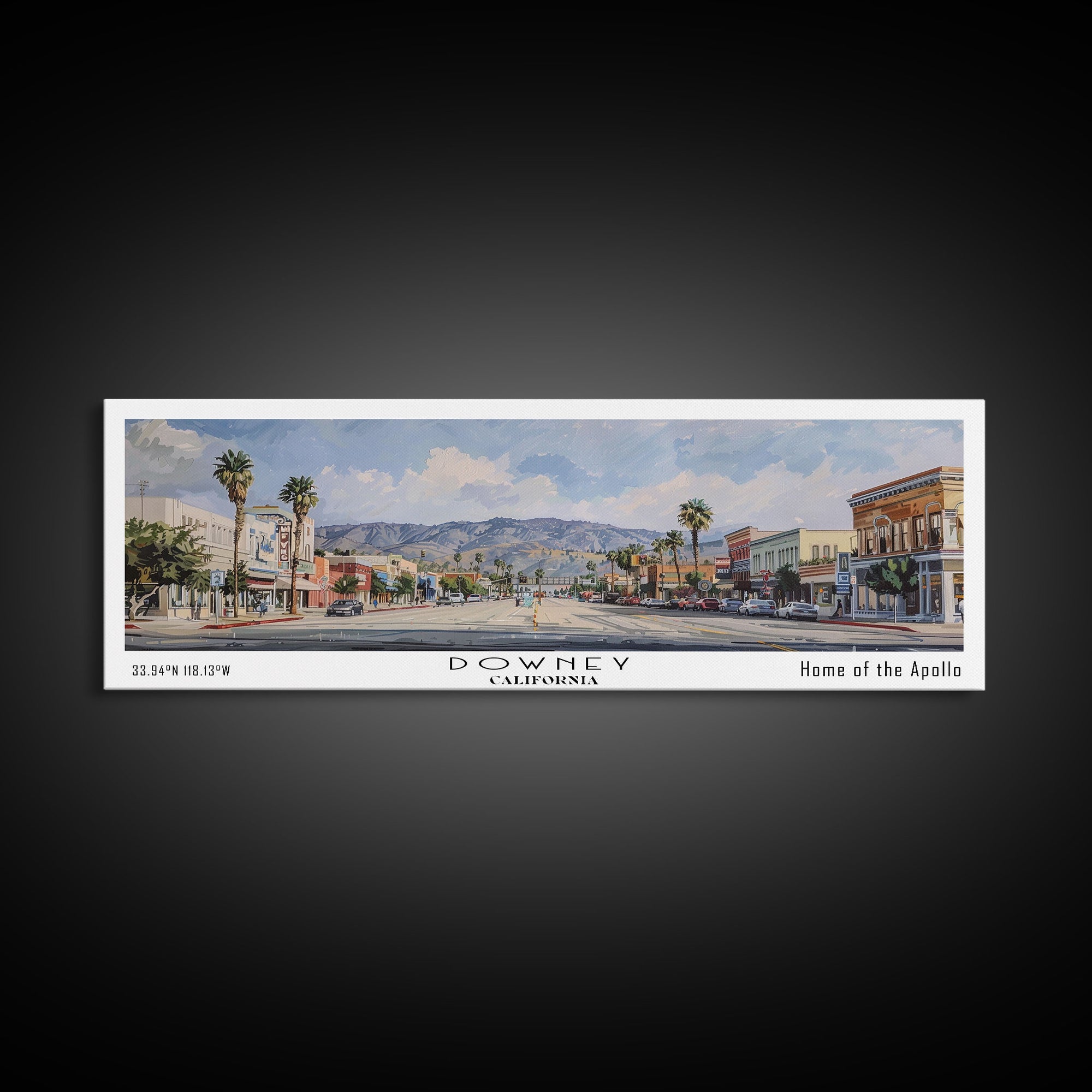 Downey California Panoramic Watercolor Painting, Scenic Framed Canvas Print, Urban Wall Art for Office, Travel Decor, City Print, Gift Idea