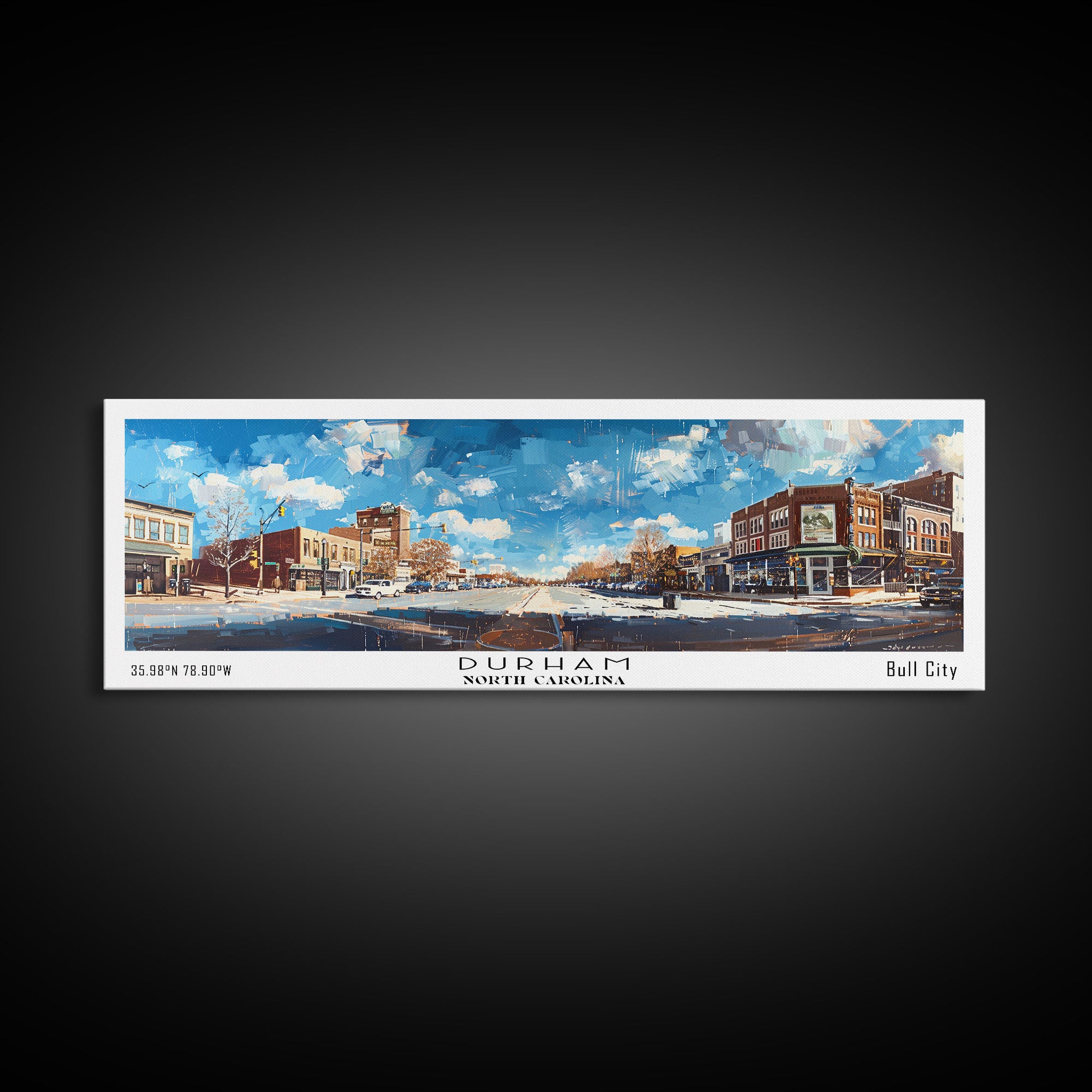 Durham North Carolina Panoramic Watercolor Painting, Scenic Framed Canvas Print, Urban Wall Art for Living Room, Travel Decor, City Print, Gift Idea